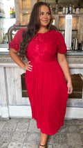 CurveWow Lace Top Pleated Dress Red
