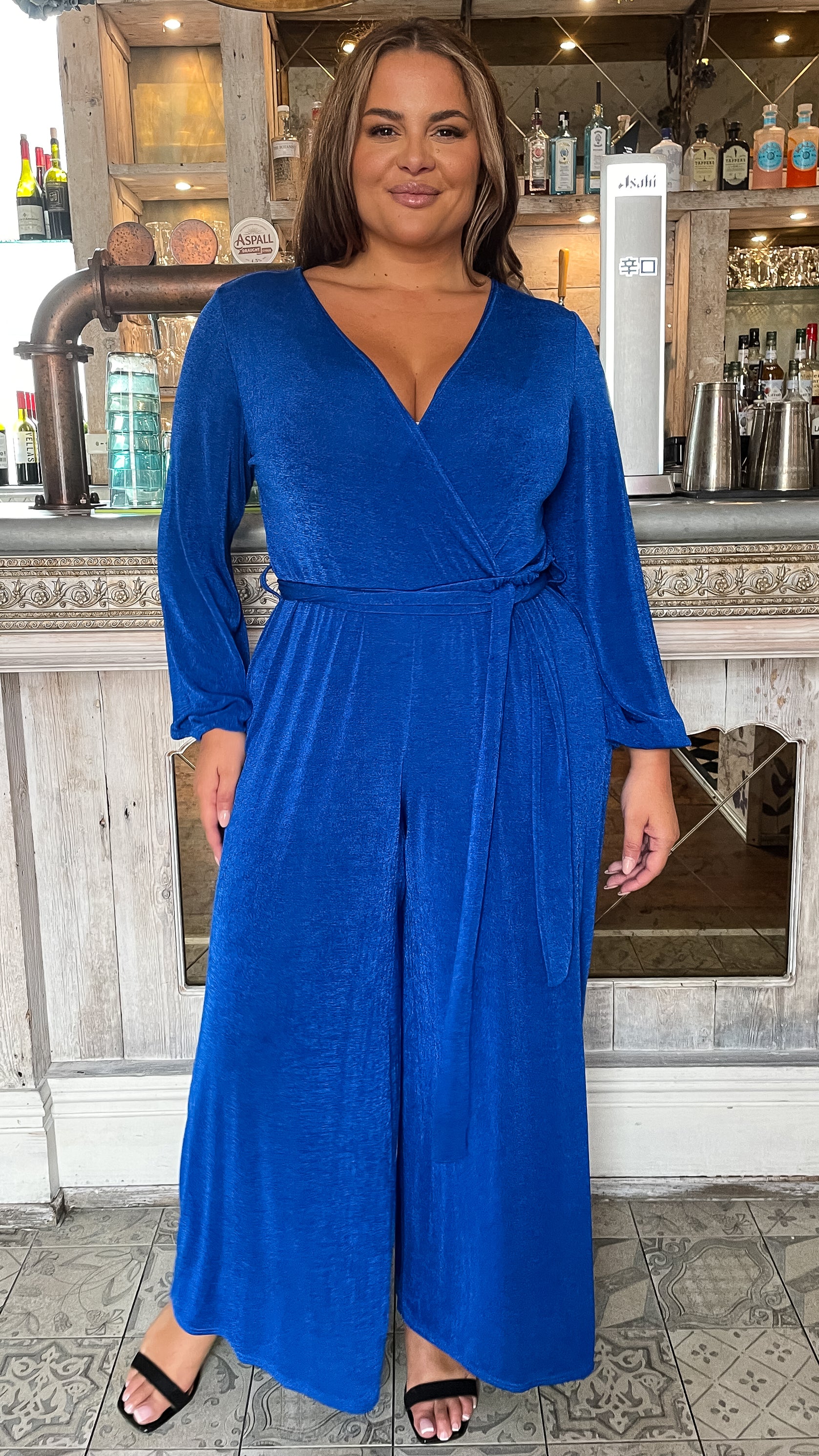 CurveWow V Neck Wrap Jumpsuit Blue