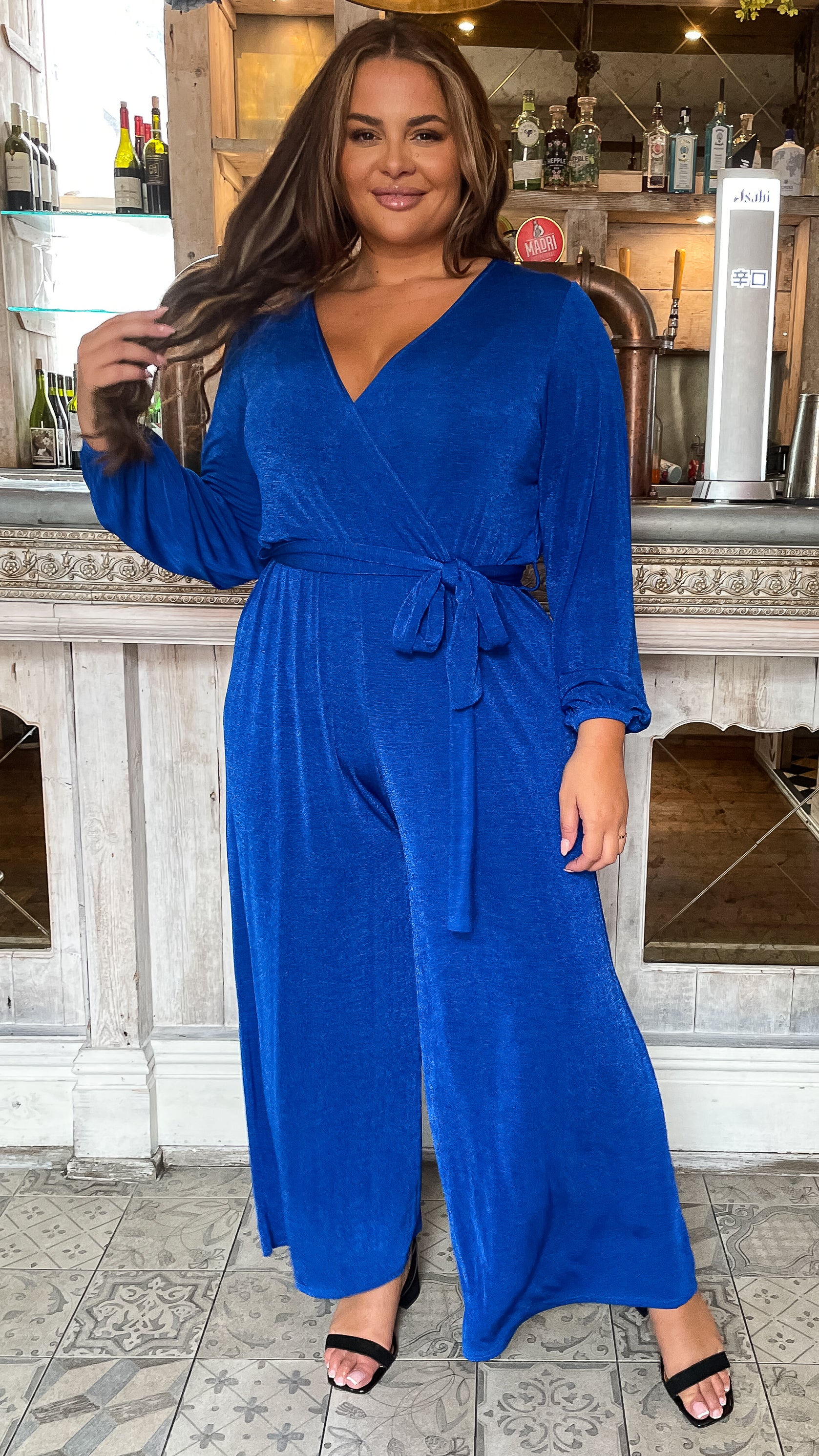 CurveWow V Neck Wrap Jumpsuit Blue