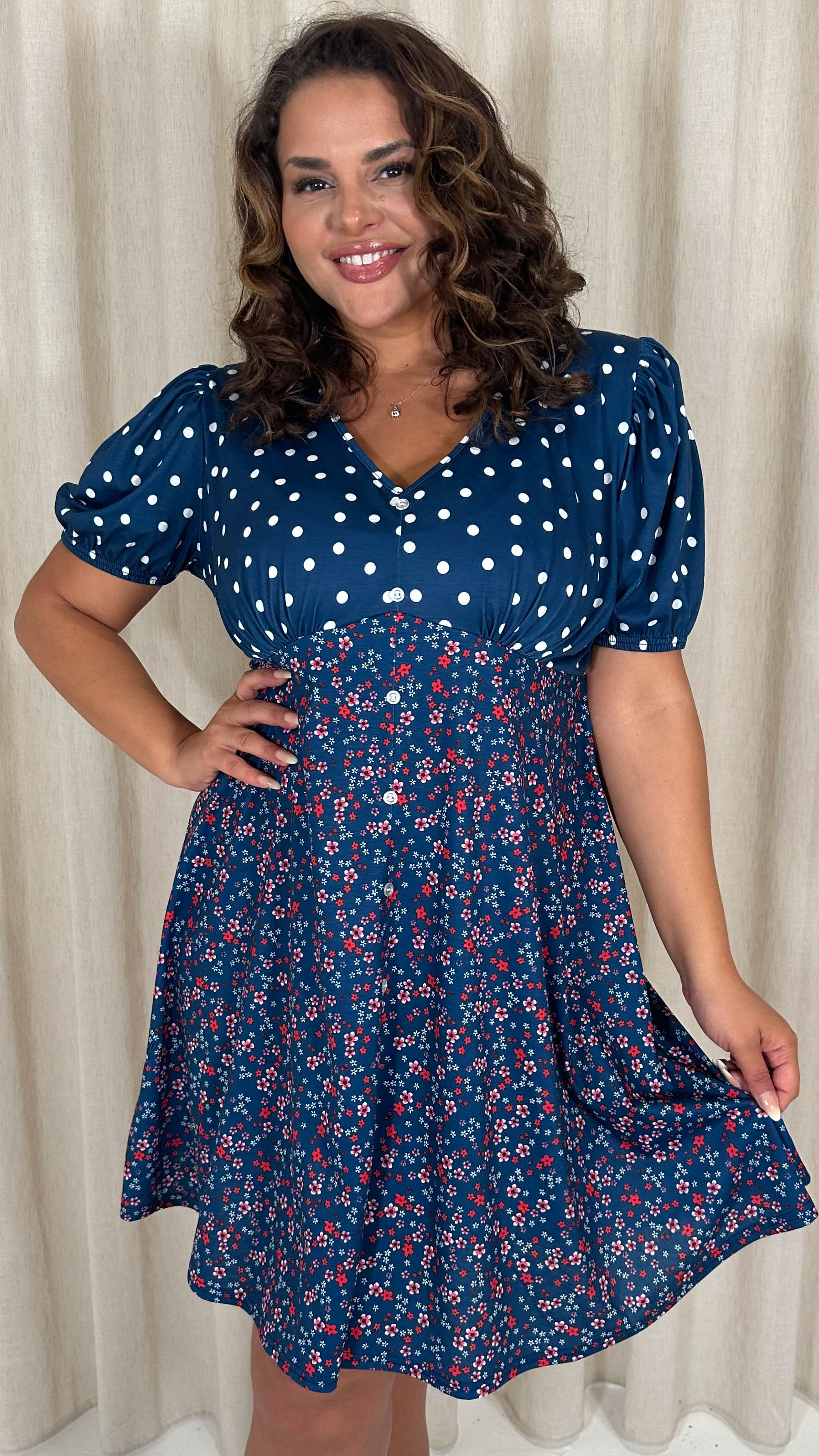 CurveWow Mock Button Mix Match Print Skater Dress Navy Mix