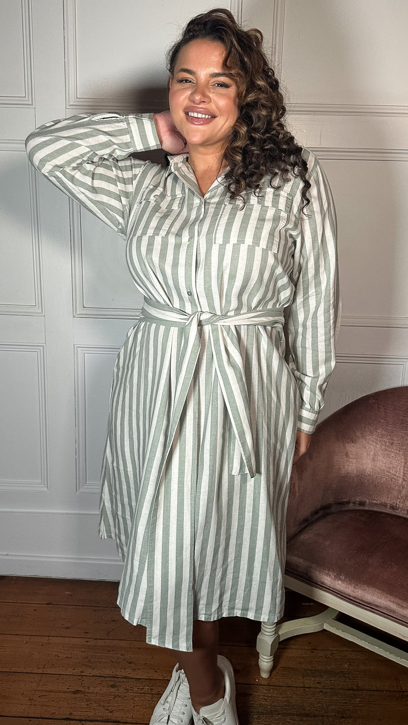 CurveWow Linen Belted Oversized Shirt Dress Green/White Stripe