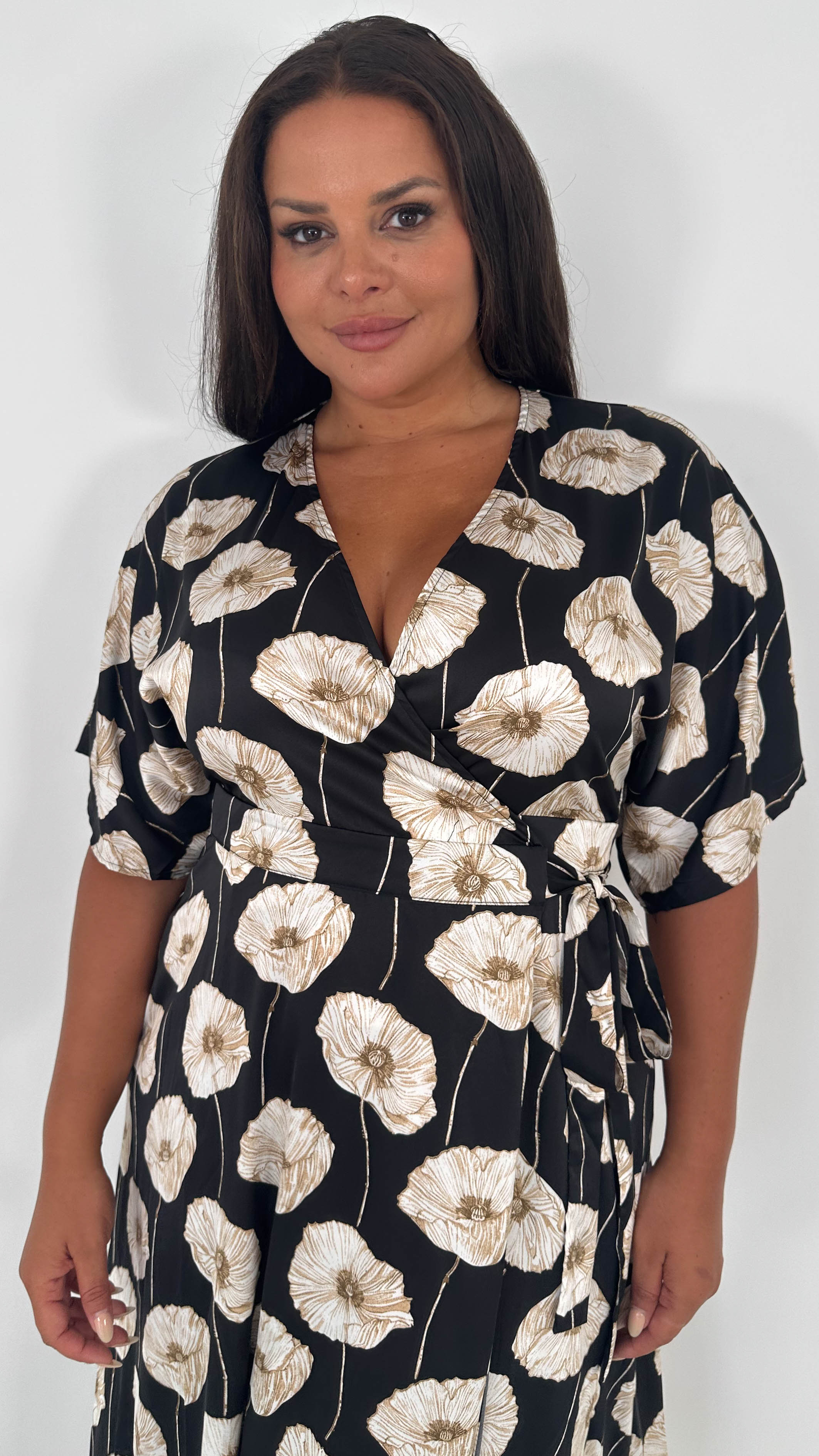 CurveWow Kimono Wrap Midaxi Dress White Poppy