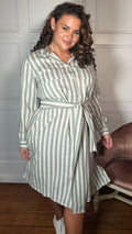 CurveWow Linen Belted Oversized Shirt Dress Blue/White Stripe