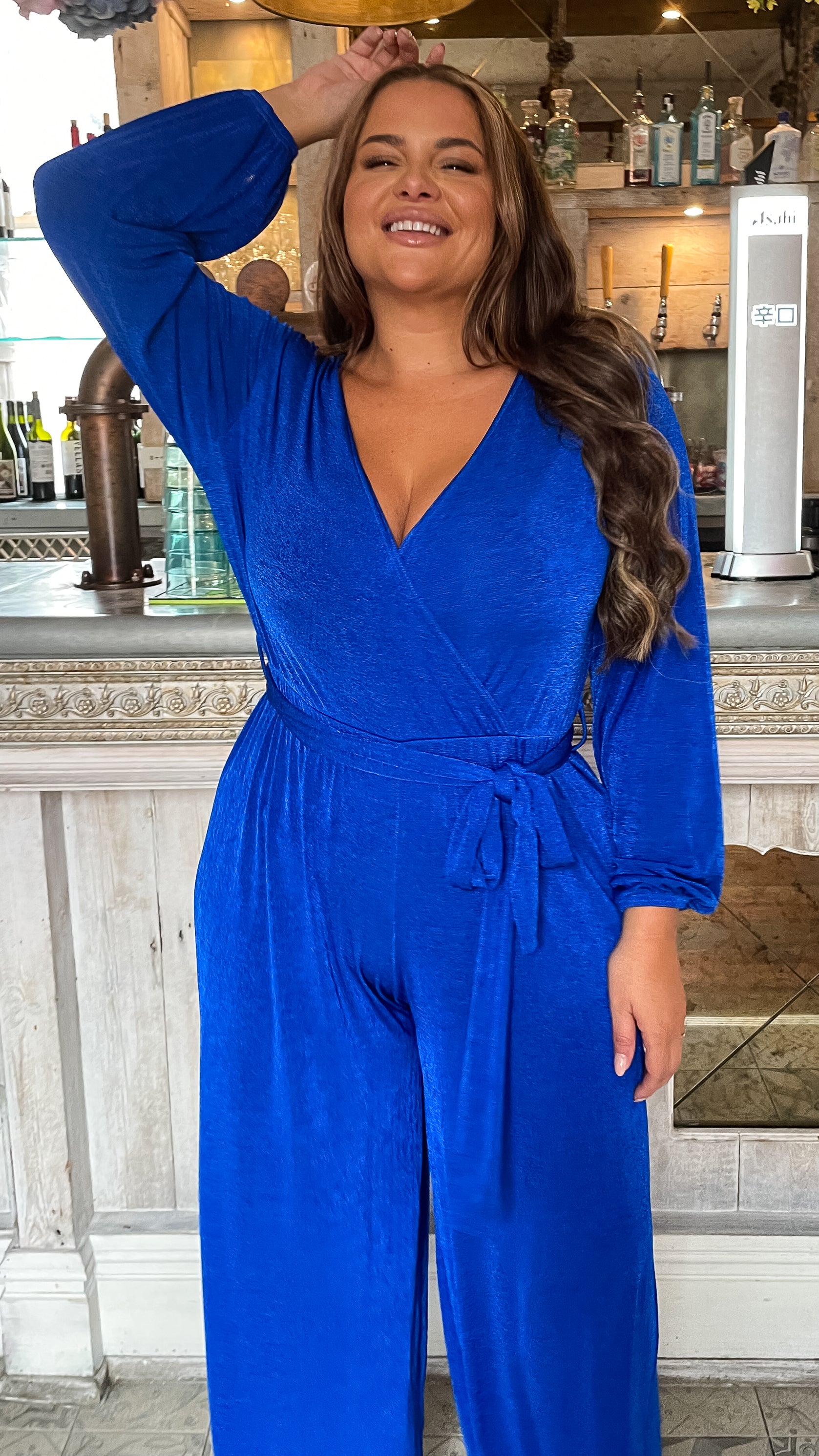 CurveWow V Neck Wrap Jumpsuit Blue