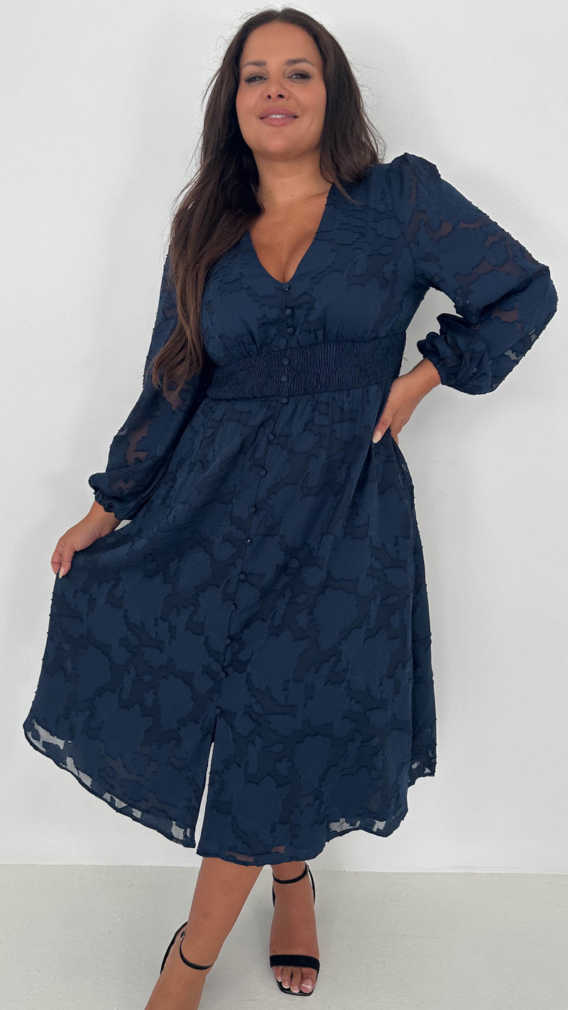 CurveWow Davore V-Neck Button Front Dress Navy