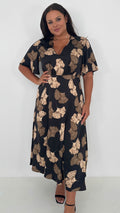 CurveWow Gathered Bust Maxi Dress Black & Gold Floral