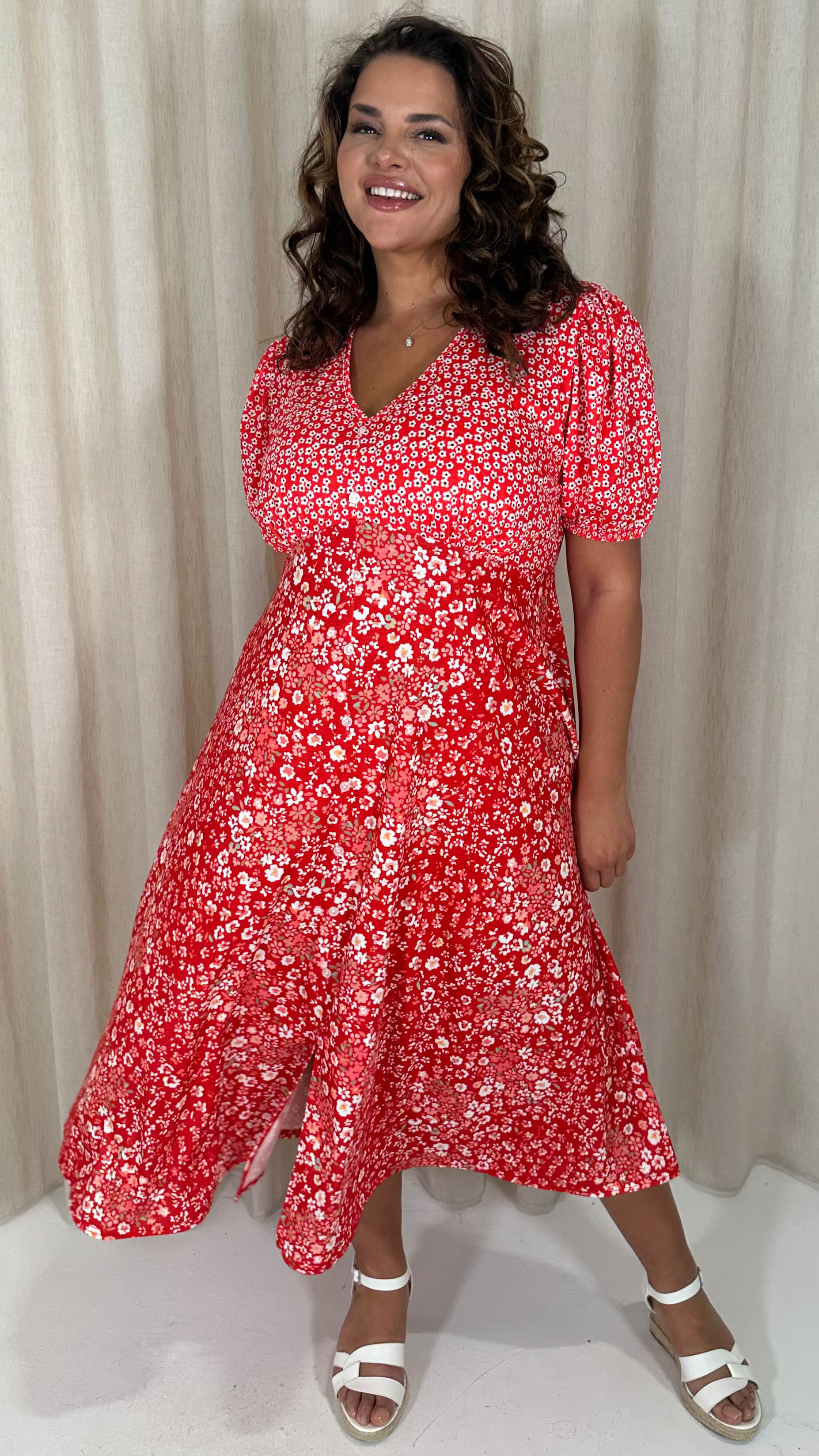 CurveWow Front Button Mix Match Print Midi Dress Red Mix – Curvewow
