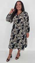 CurveWow Lace Trim Midi Dress Black Floral