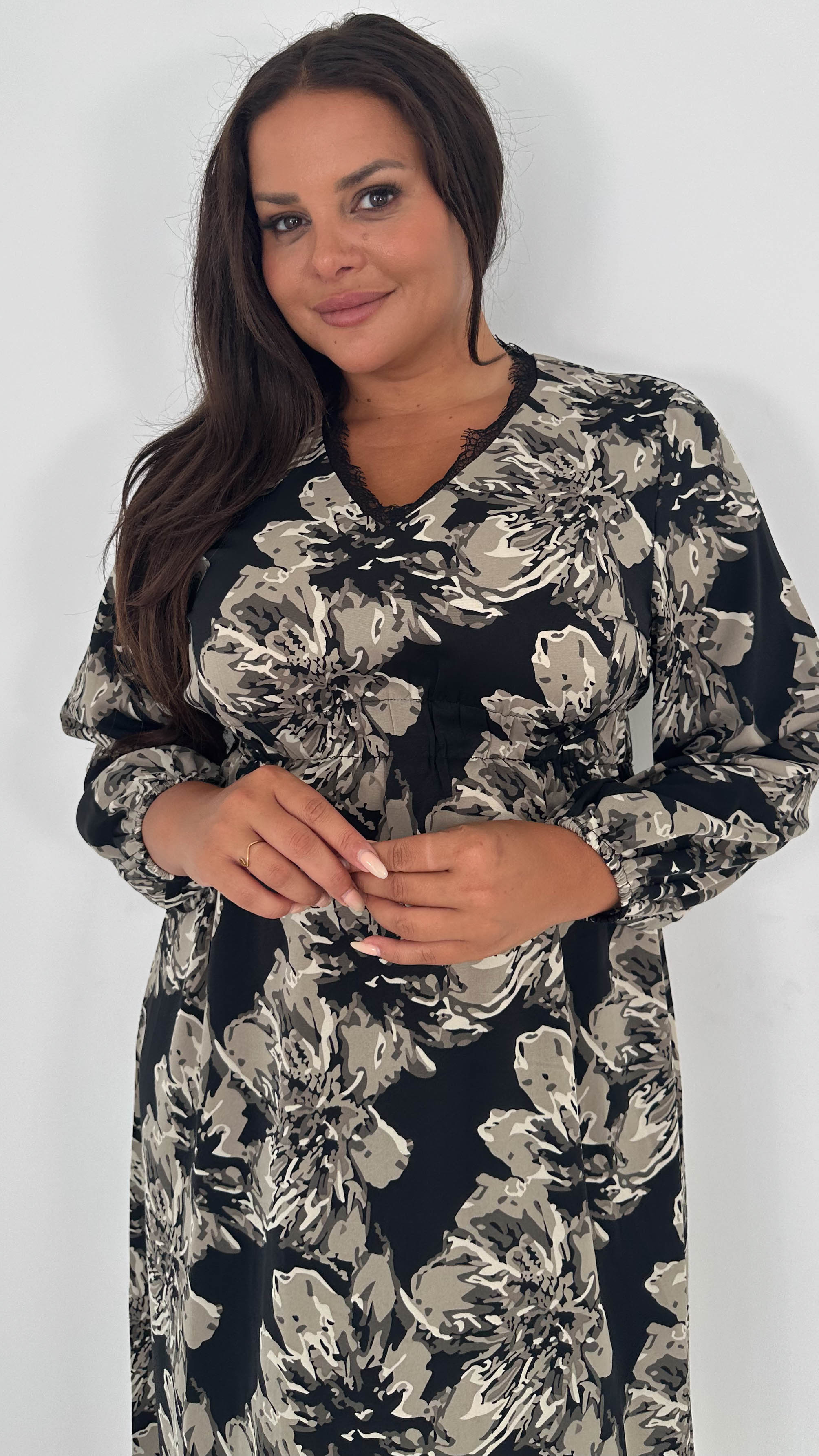 CurveWow Lace Trim Midi Dress Black Floral