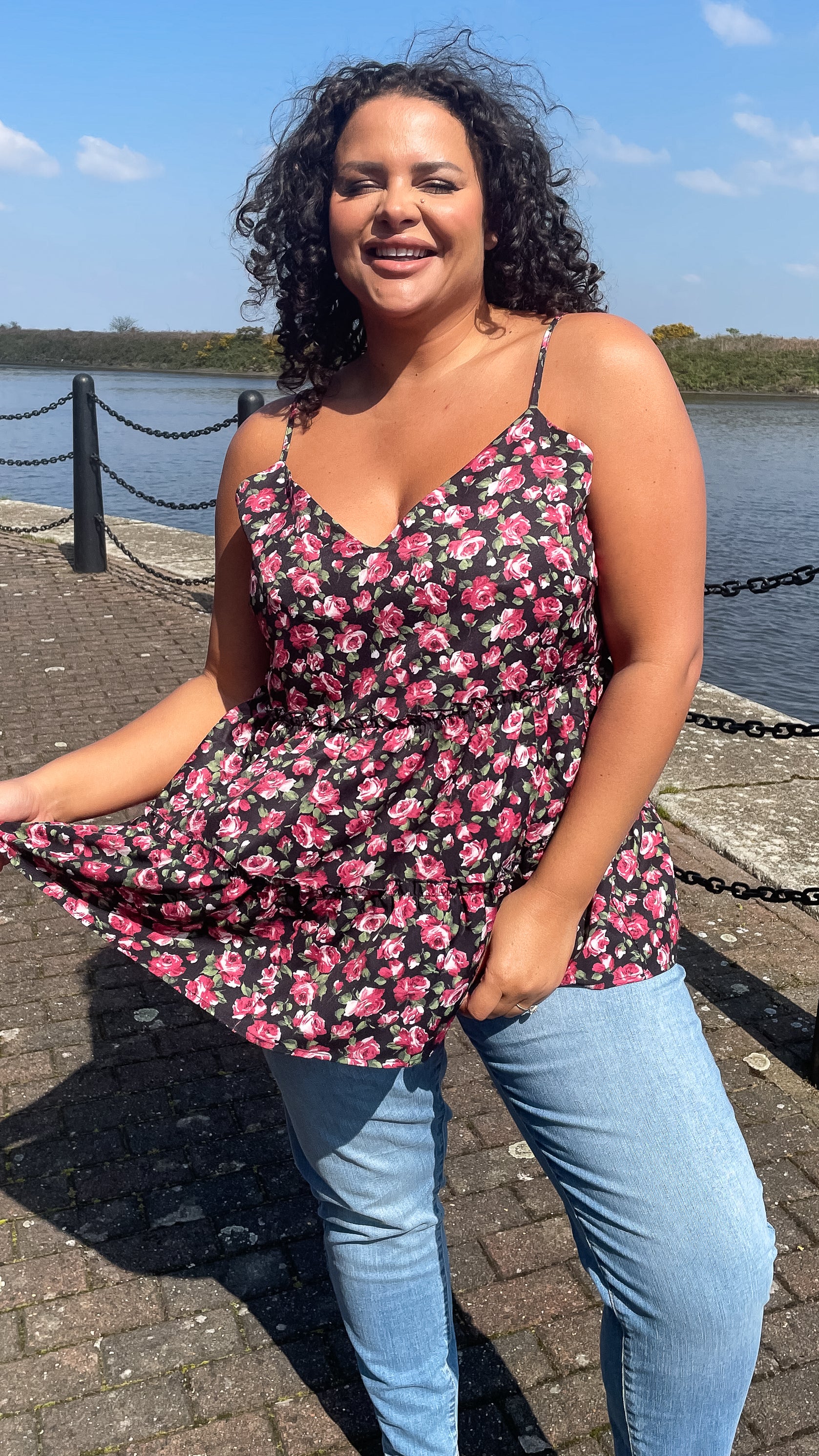 CurveWow V-Neck Cami Top Black & Pink Floral