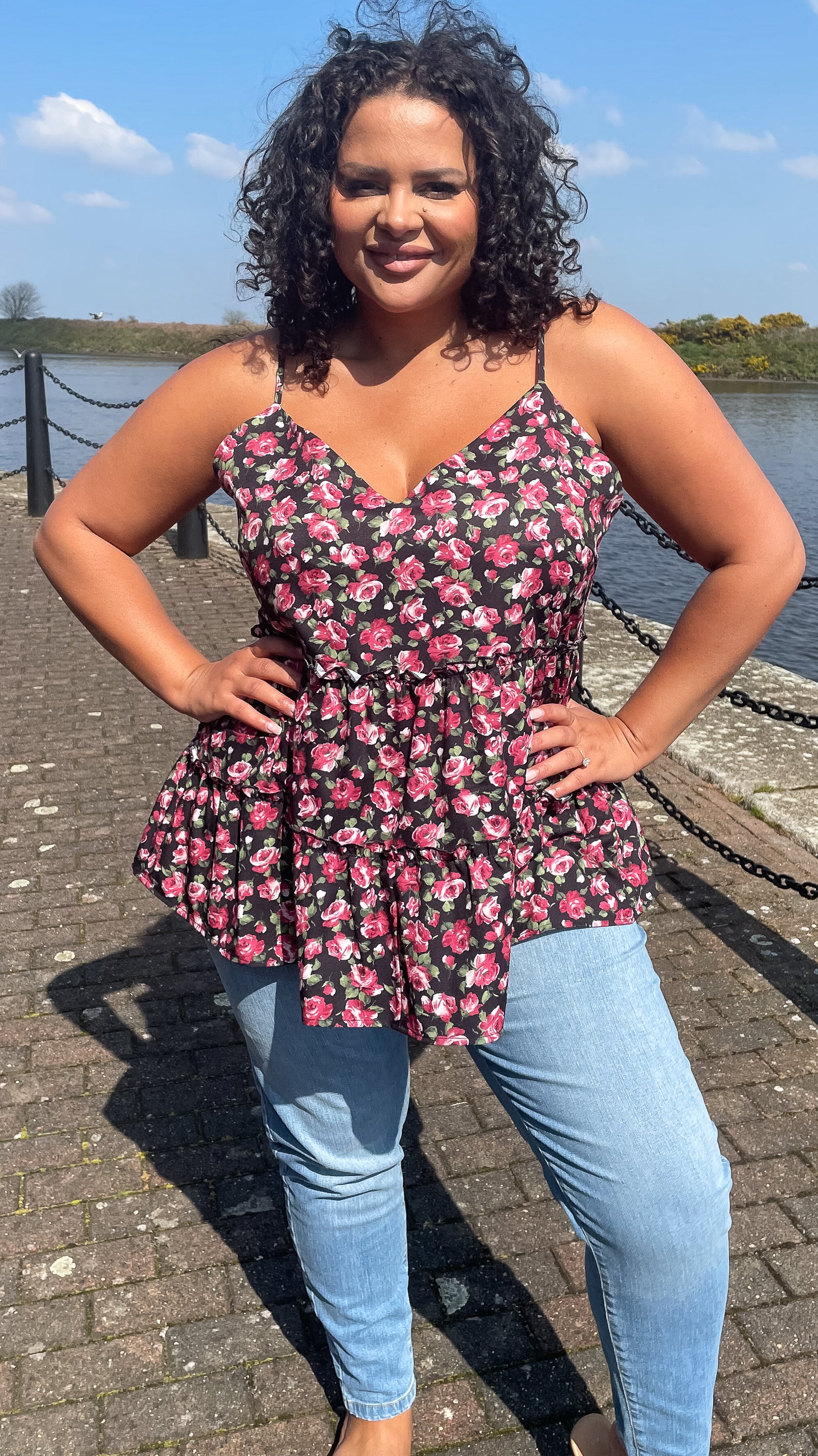 CurveWow V-Neck Cami Top Black & Pink Floral