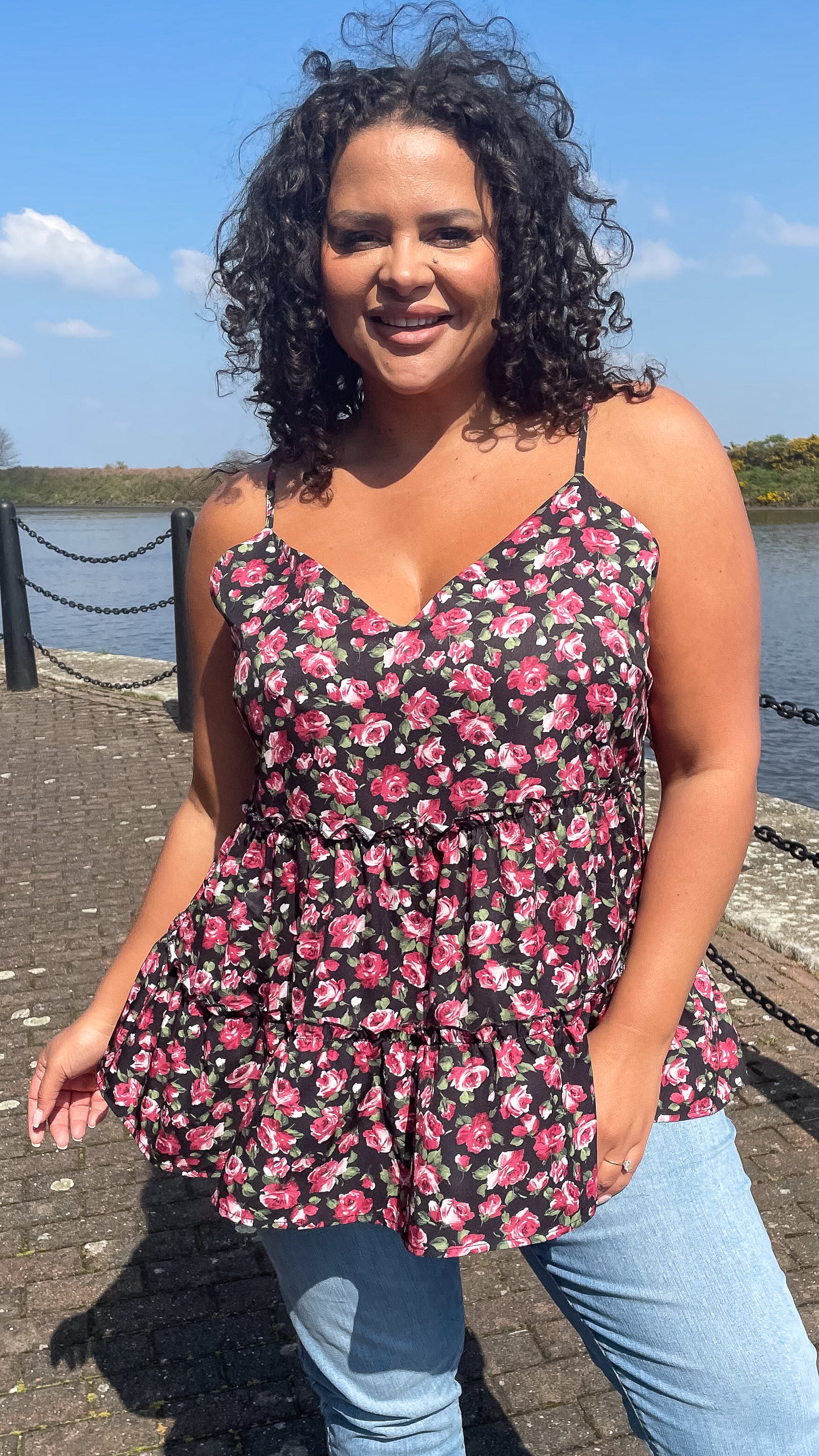 CurveWow V-Neck Cami Top Black & Pink Floral