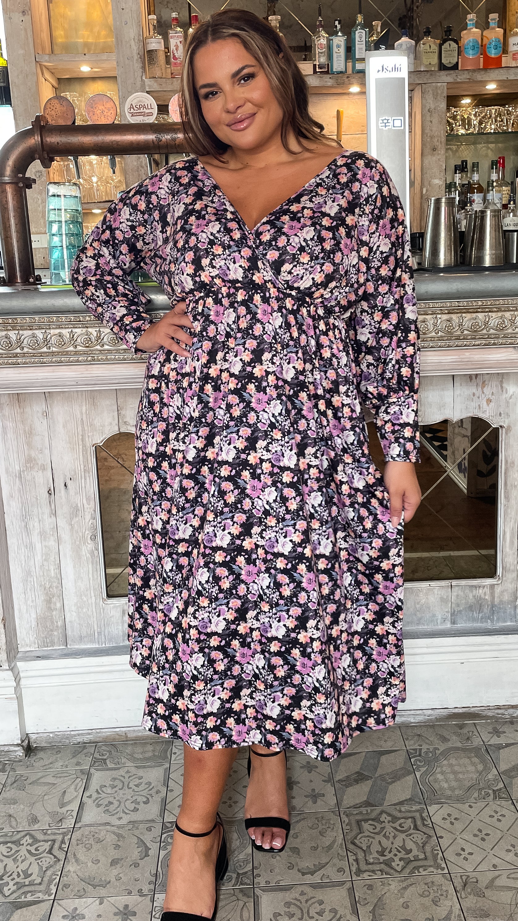 CurveWow Long Sleeve Tie Back Wrap Dress Floral