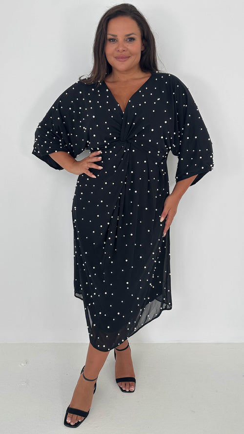 CurveWow Pearl Embellished Knot Front Dress Black