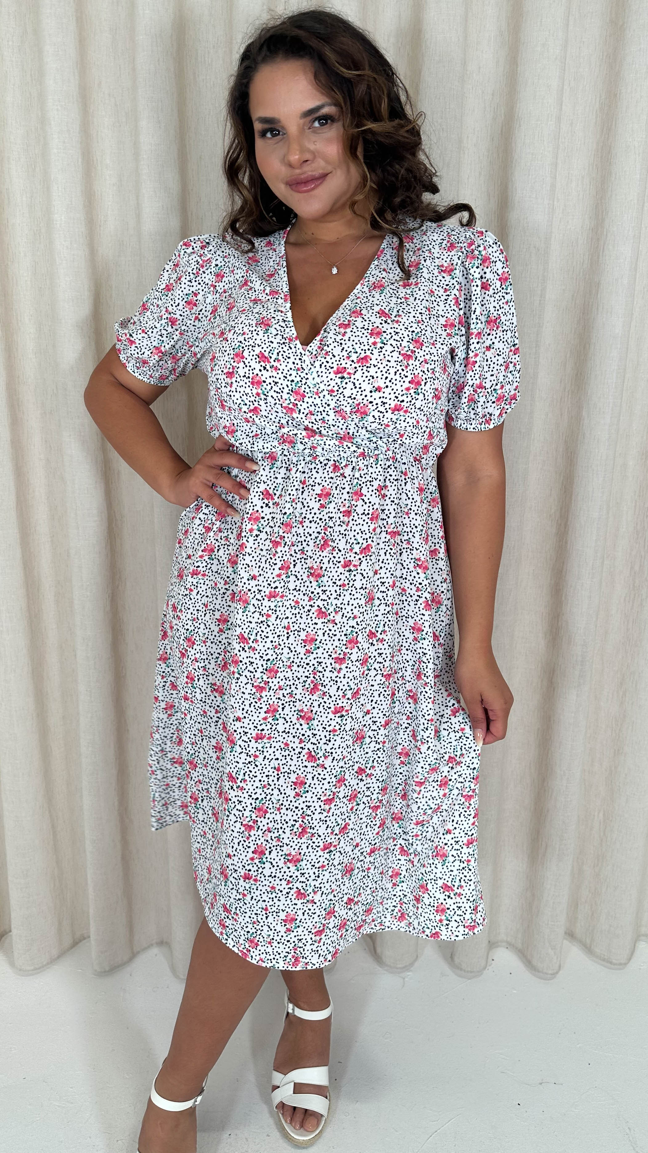 CurveWow Puff Sleeve Wrap Midi Dress Pink Floral Spot