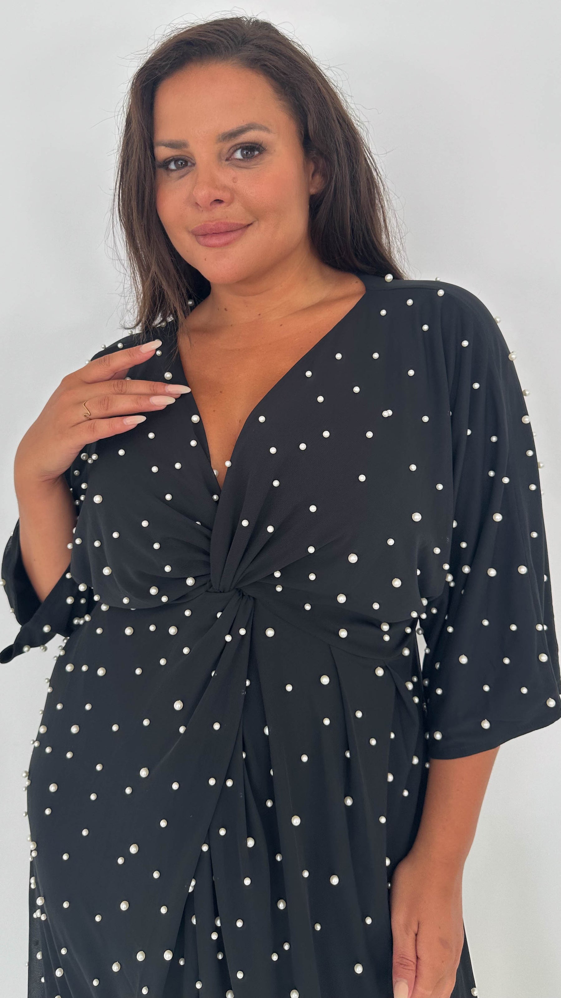 CurveWow Pearl Embellished Knot Front Dress Black Curvewow CurveWow Pearl Embellished Knot Front Dress Black Curvewow