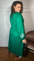 Curvewow Embroidered Tassel Tie Midi Dress Green