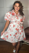 CurveWow Puff Sleeve Tiered Shirt Dress White Floral