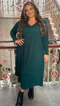 CurveWow Textured V Neck Long Sleeve Midi Dress Green