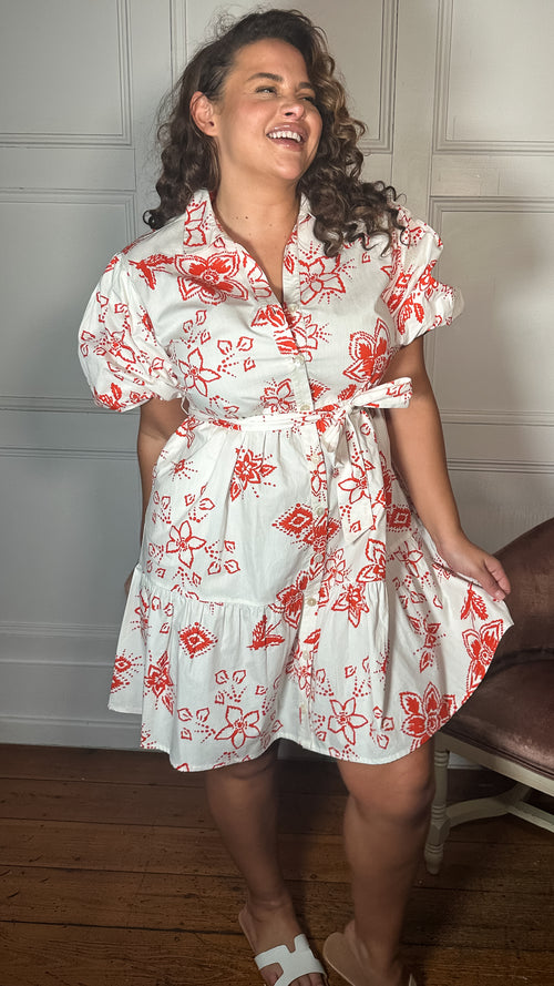 CurveWow Puff Sleeve Tiered Shirt Dress White Floral