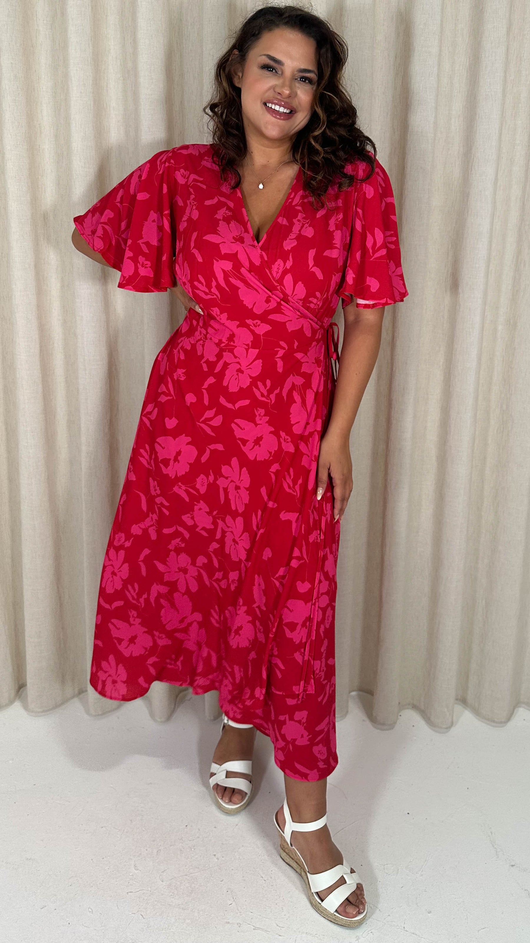 pink red wrap dress Hope & Ivy flutter sleeve maxi wrap dress in pink floral