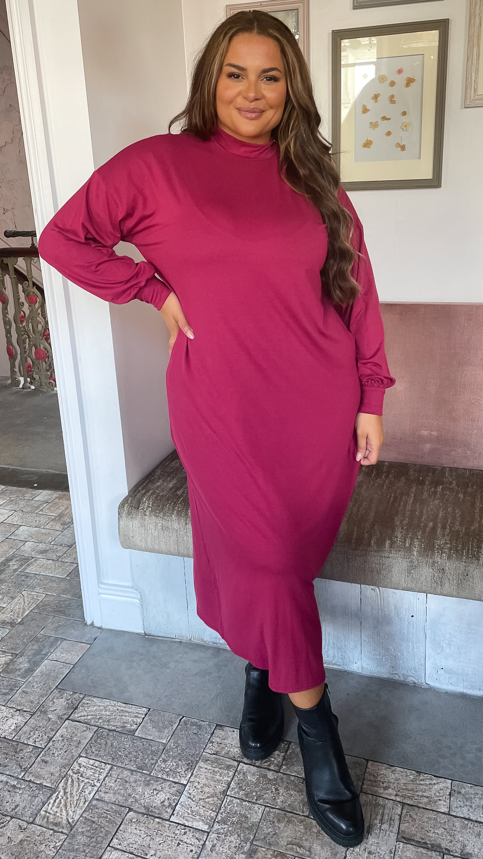 CurveWow Turtle Neck Balloon Sleeve Midi Dress Wine