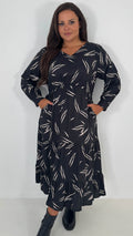 CurveWow V-Neck Midi Dress Black & Nude Print