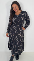 CurveWow V-Neck Midi Dress Black & Nude Print