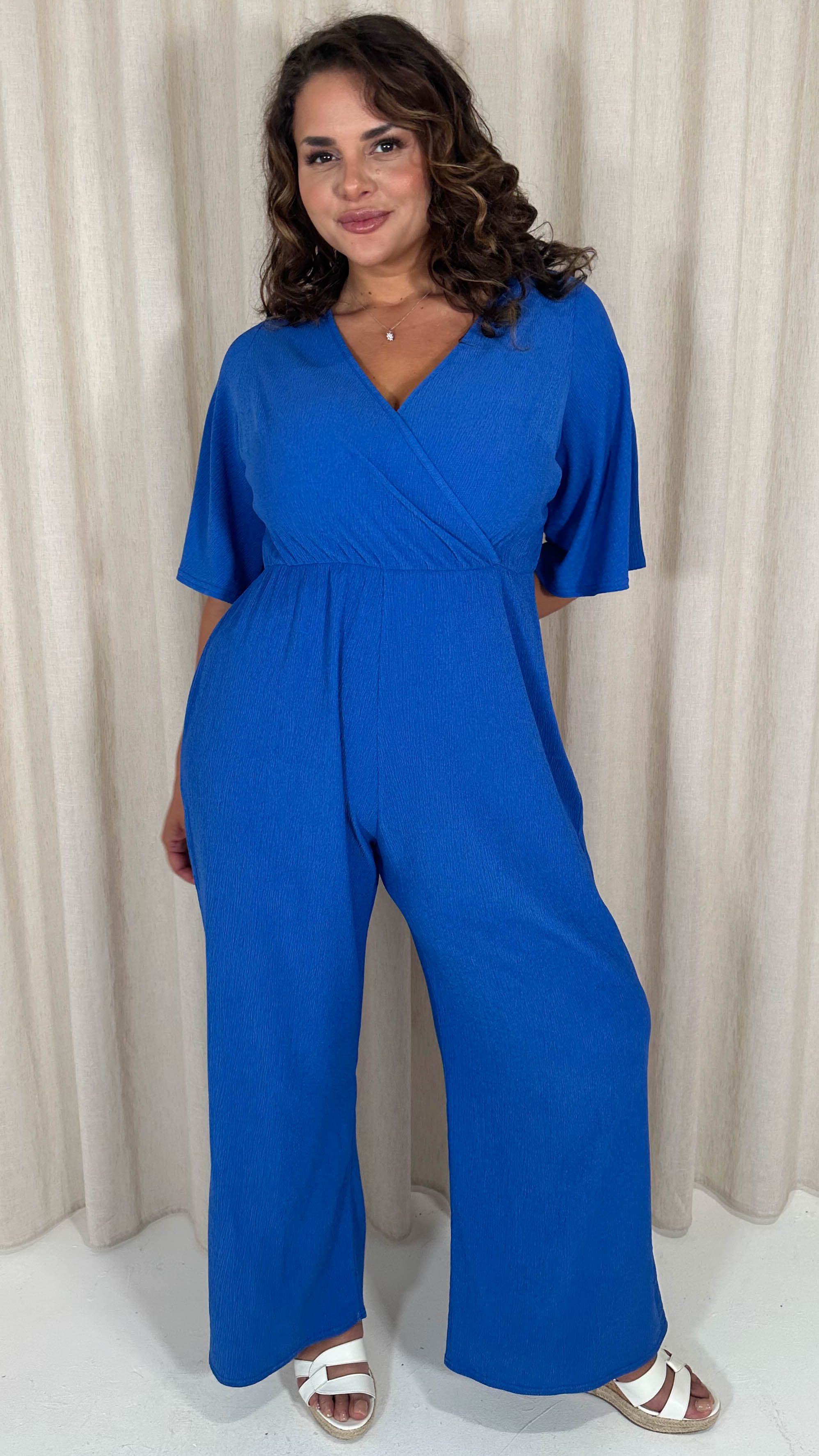 CurveWow Textured Angel Sleeve Wrap Wide Leg Jumpsuit Blue