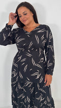 CurveWow V-Neck Midi Dress Black & Nude Print