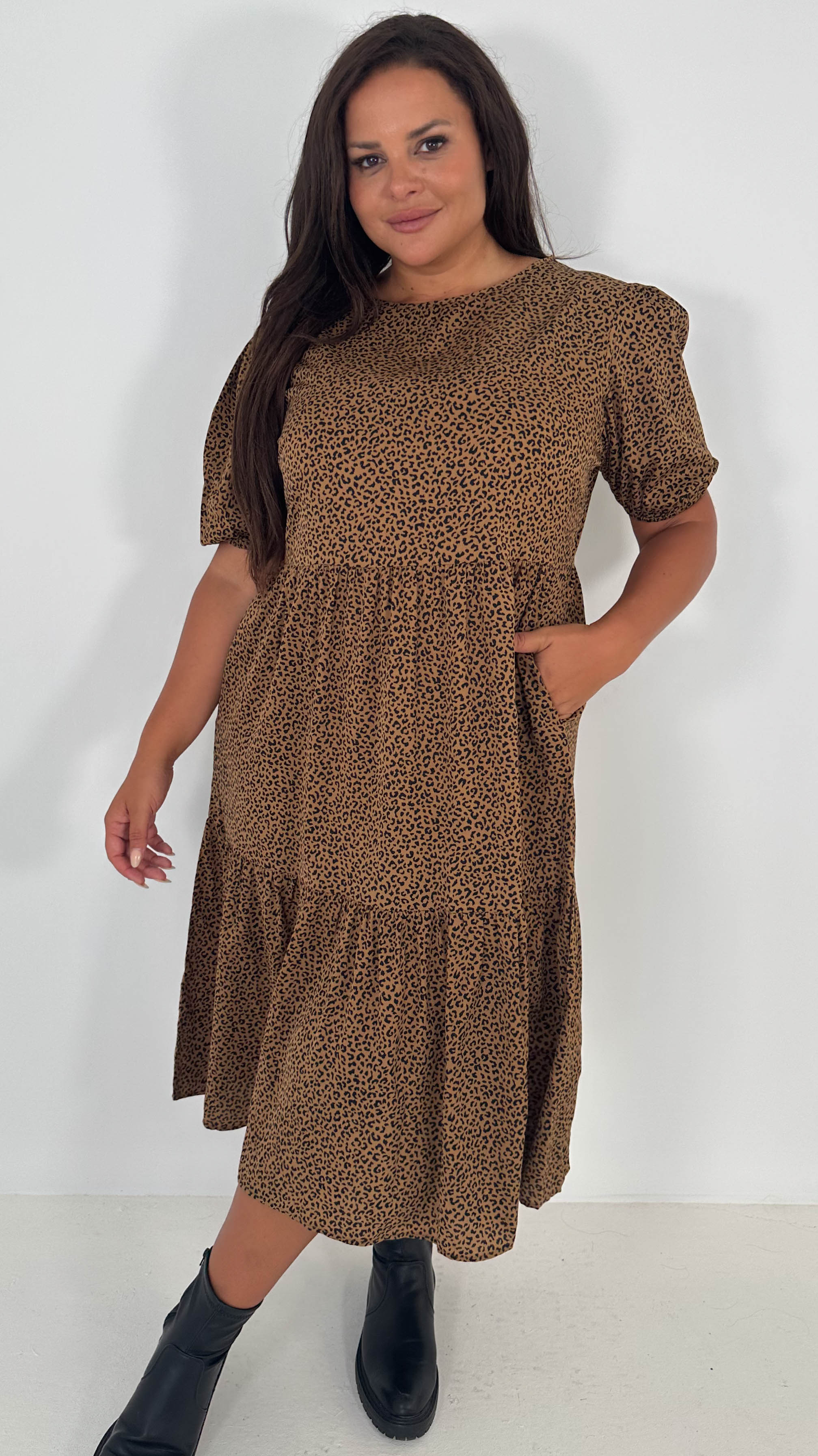 CurveWow Printed Midi Smock Dress Black Animal