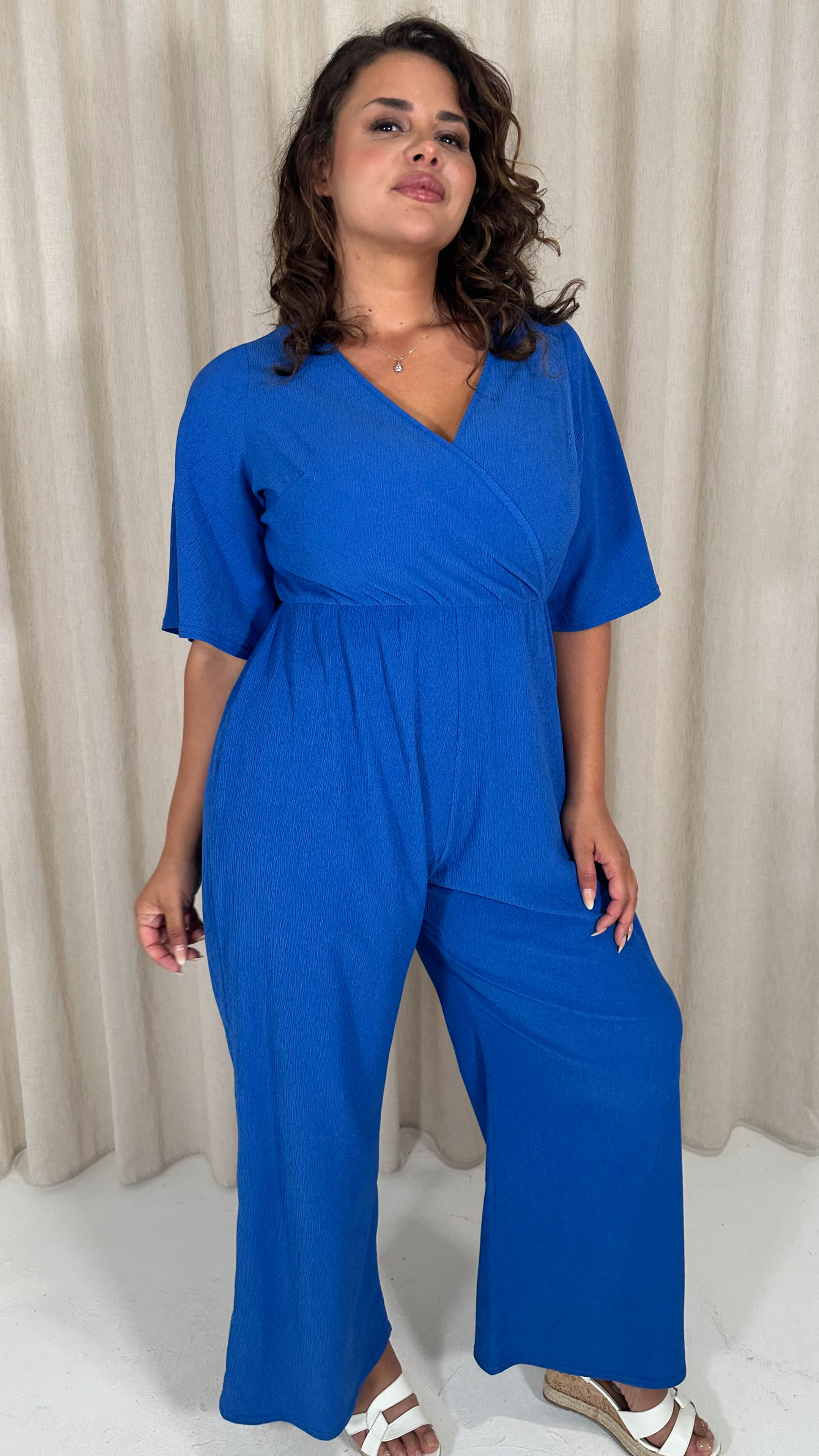 CurveWow Textured Angel Sleeve Wrap Wide Leg Jumpsuit Blue