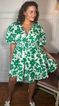 CurveWow Puff Sleeve V Neck Dress Green Floral