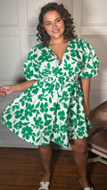 CurveWow Puff Sleeve V Neck Dress Green Floral