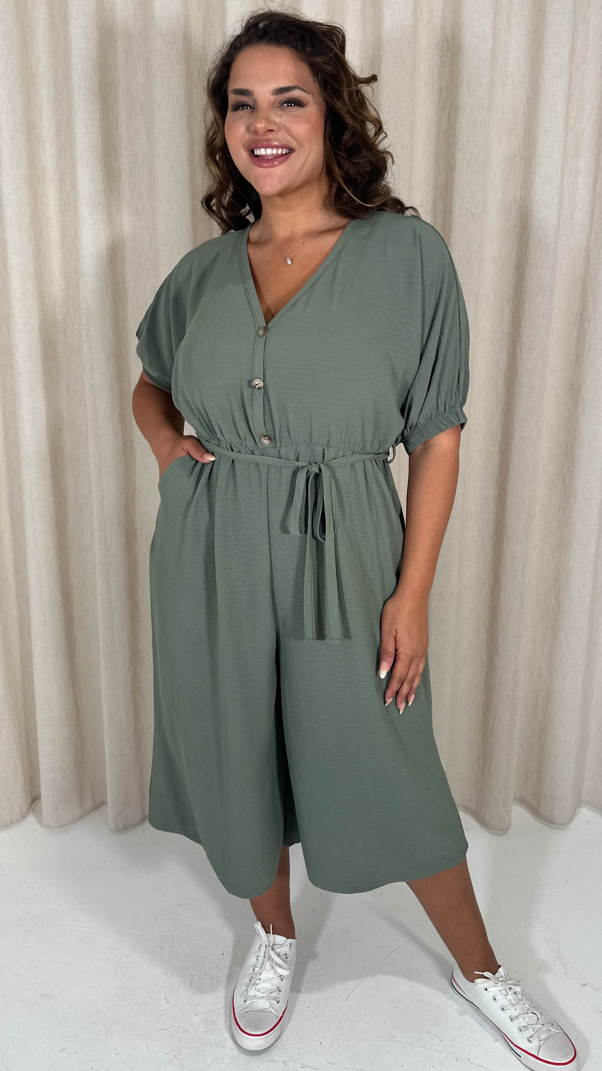 CurveWow Elasticated Cuff Culotte Jumpsuit Sage Green