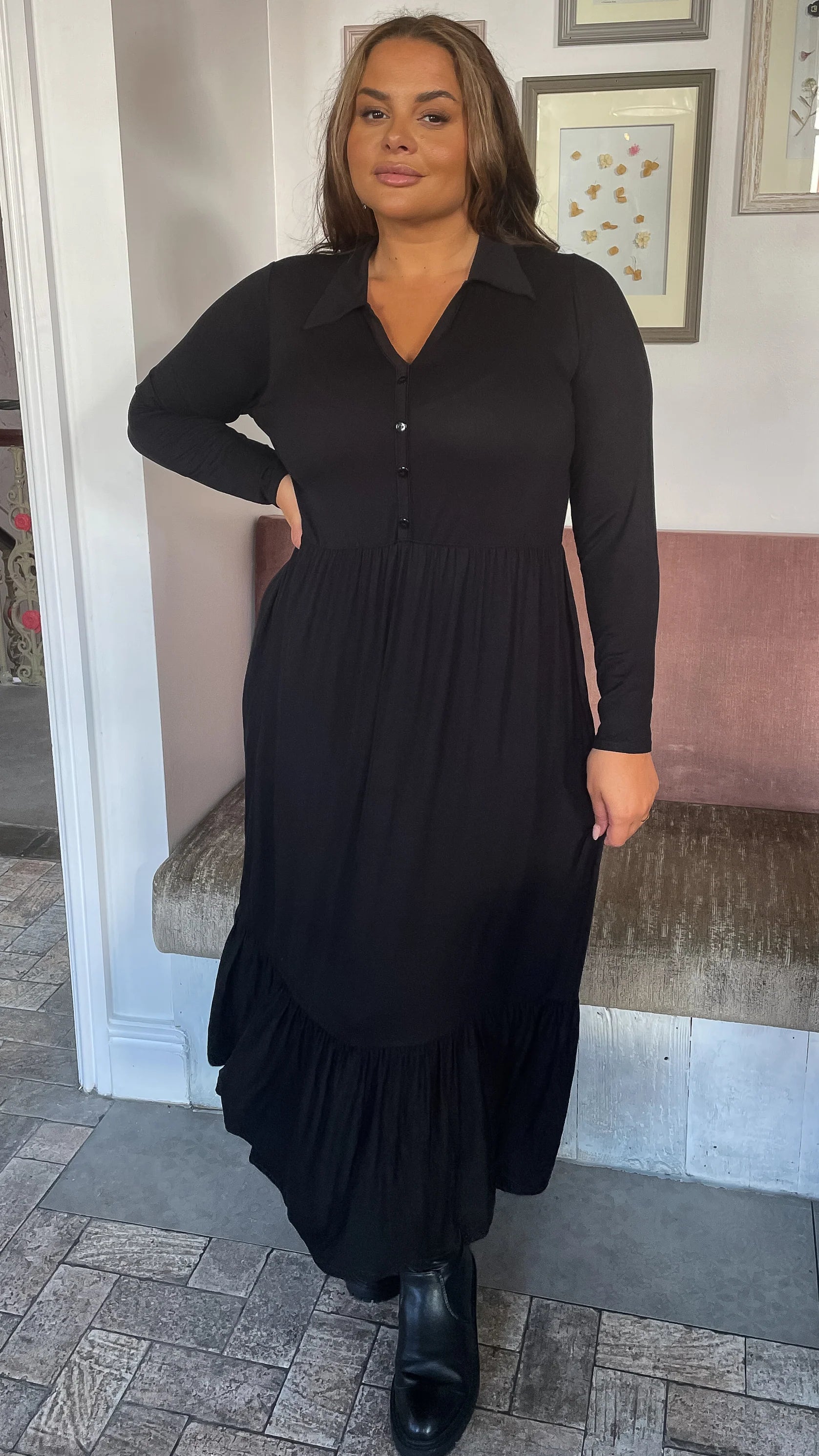 CurveWow Petite Collared Button Smock Dress Black – Curvewow
