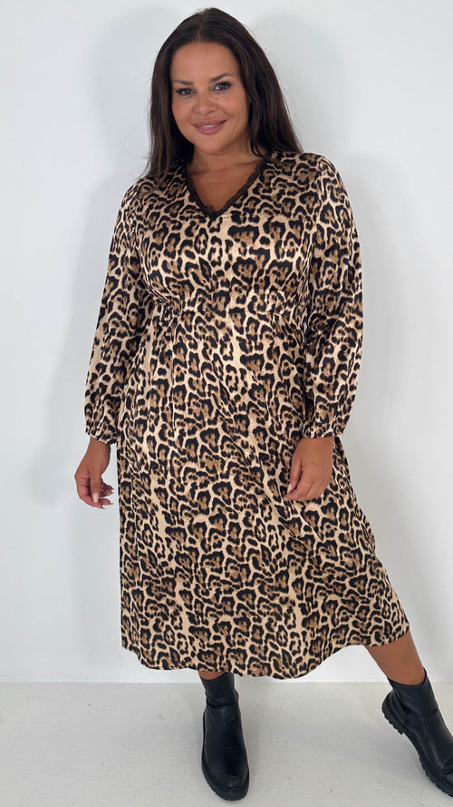 CurveWow Lace Trim Midi Dress Leopard Print