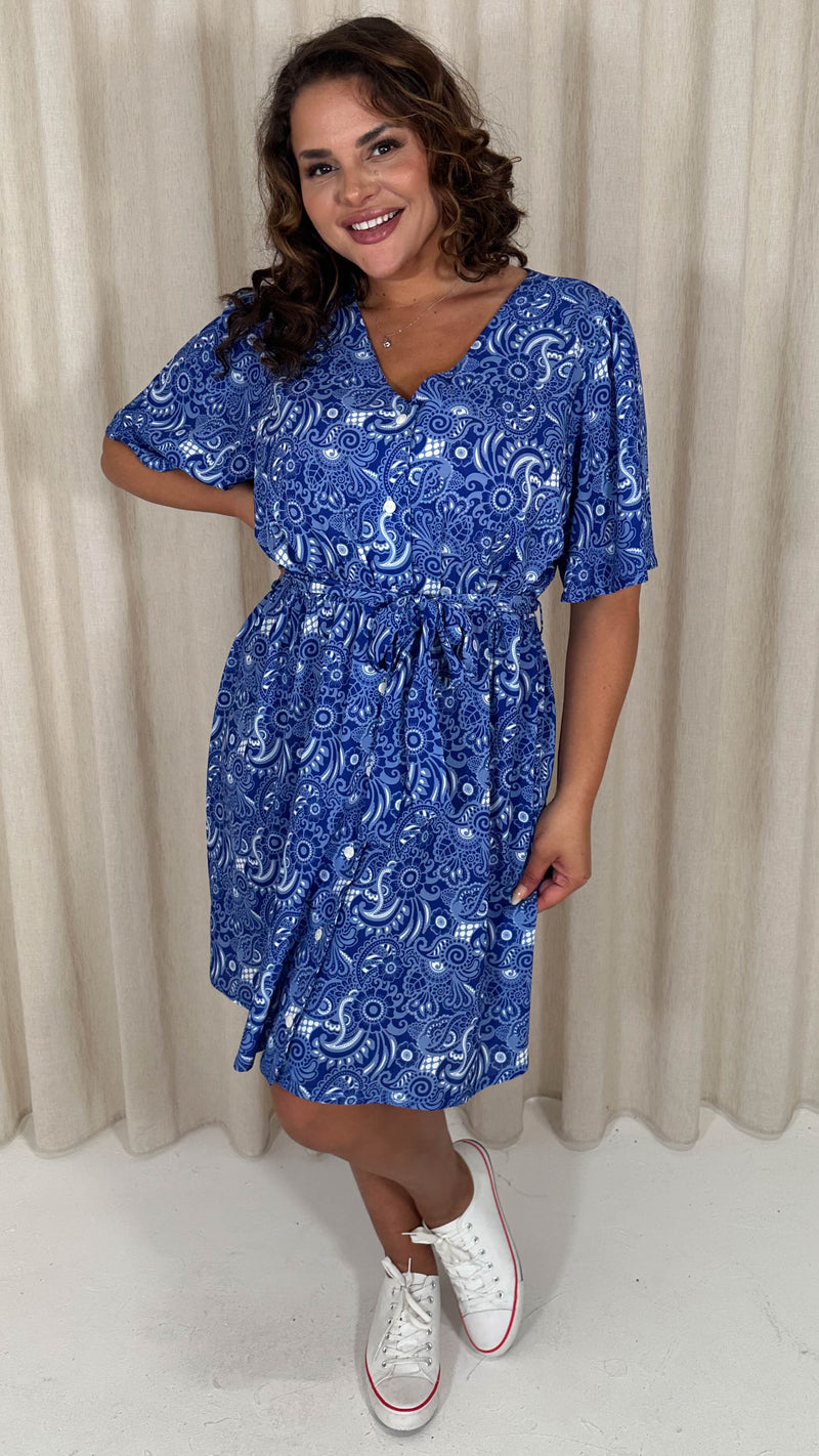 CurveWow Crepe Angel Sleeve Button Down Dress Blue Paisley Curvewow CurveWow Crepe Angel Sleeve Button Down Dress Blue Paisley Curvewow