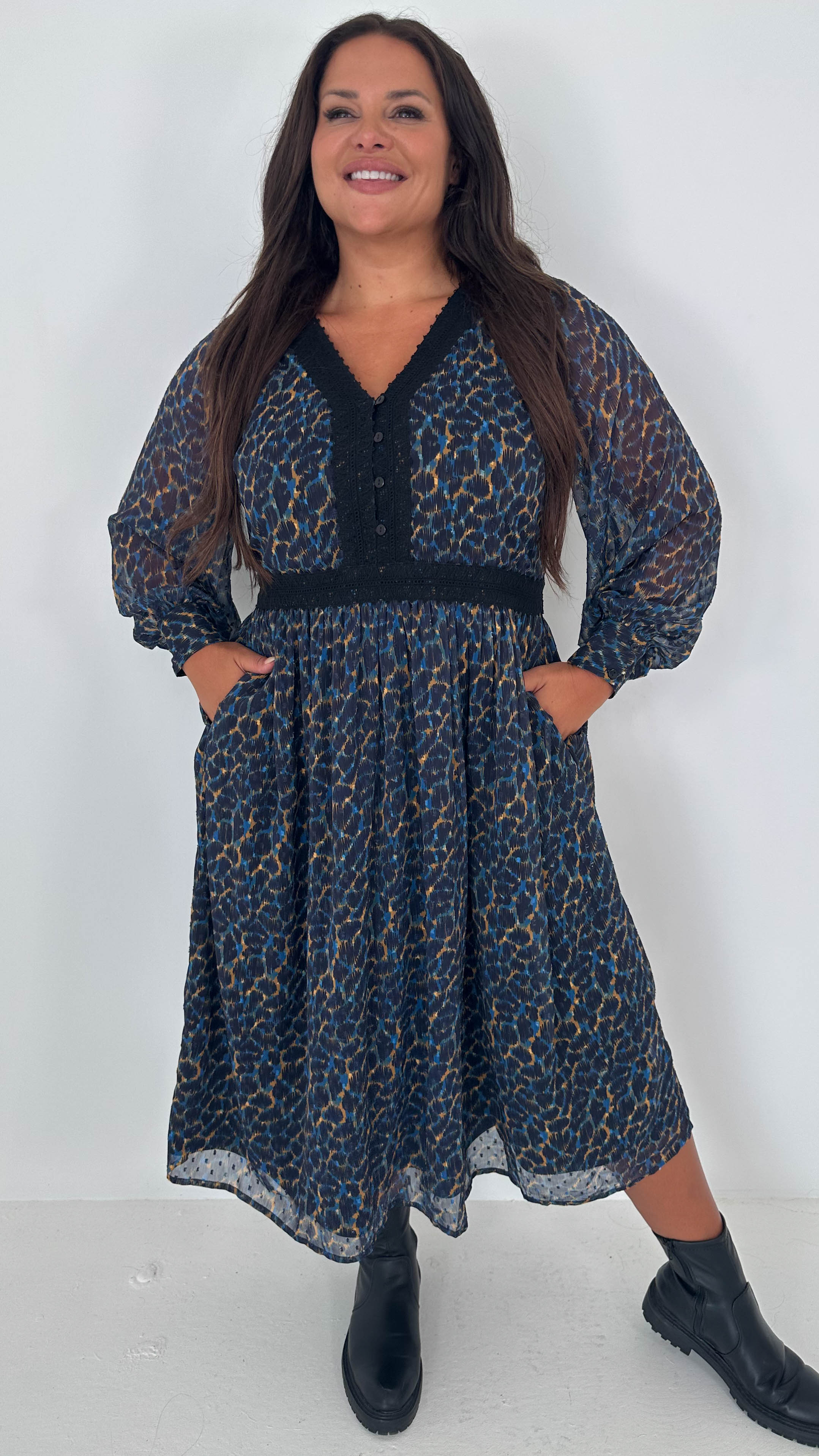 CurveWow Button Front Midi Dress Blue Animal Print