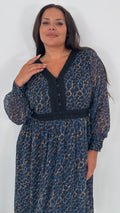 CurveWow Button Front Midi Dress Blue Animal Print