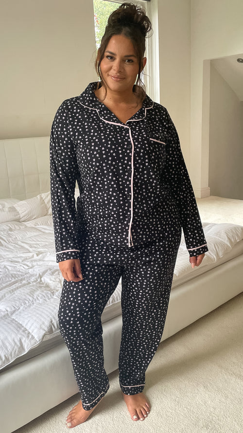 CurveWow Long Sleeve PJ Set Black With Pink Hearts