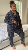 CurveWow Long Sleeve PJ Set Black With Pink Hearts