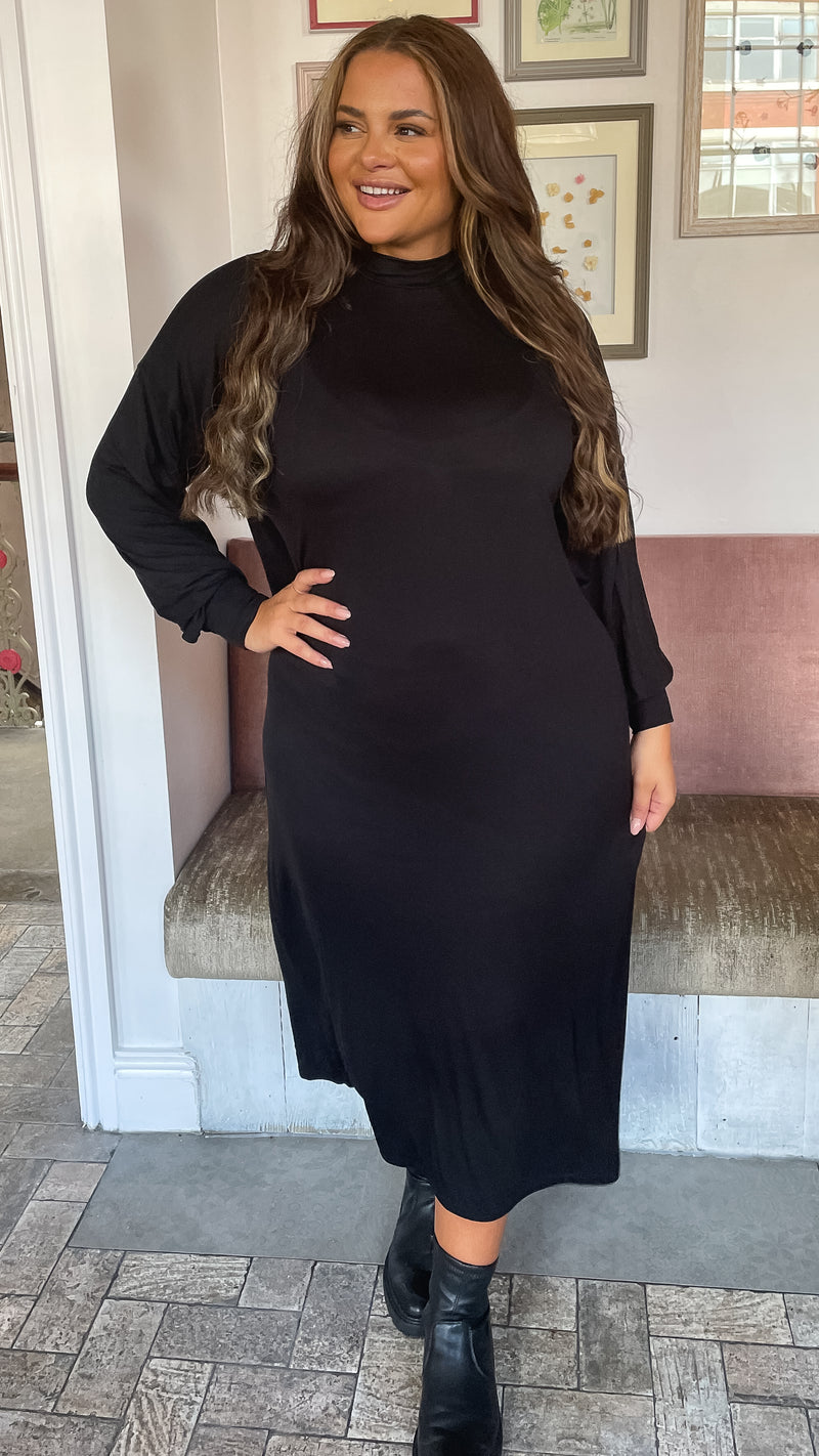 CurveWow Turtle Neck Balloon Sleeve Midi Dress Black