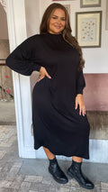 CurveWow Turtle Neck Balloon Sleeve Midi Dress Black