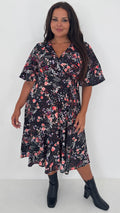 CurveWow Wrap Angel Sleeve Trapeze Midi Dress Floral Spot