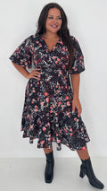 CurveWow Wrap Angel Sleeve Trapeze Midi Dress Floral Spot