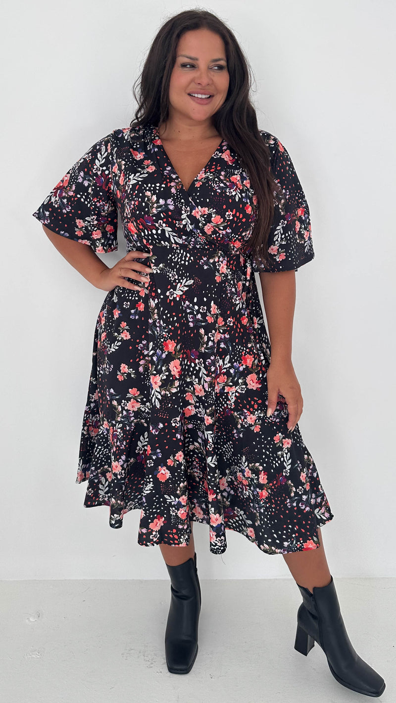 CurveWow Wrap Angel Sleeve Trapeze Midi Dress Floral Spot