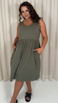 CurveWow Basic Sleeveless Pocket Dress Khaki