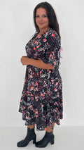 CurveWow Wrap Angel Sleeve Trapeze Midi Dress Floral Spot