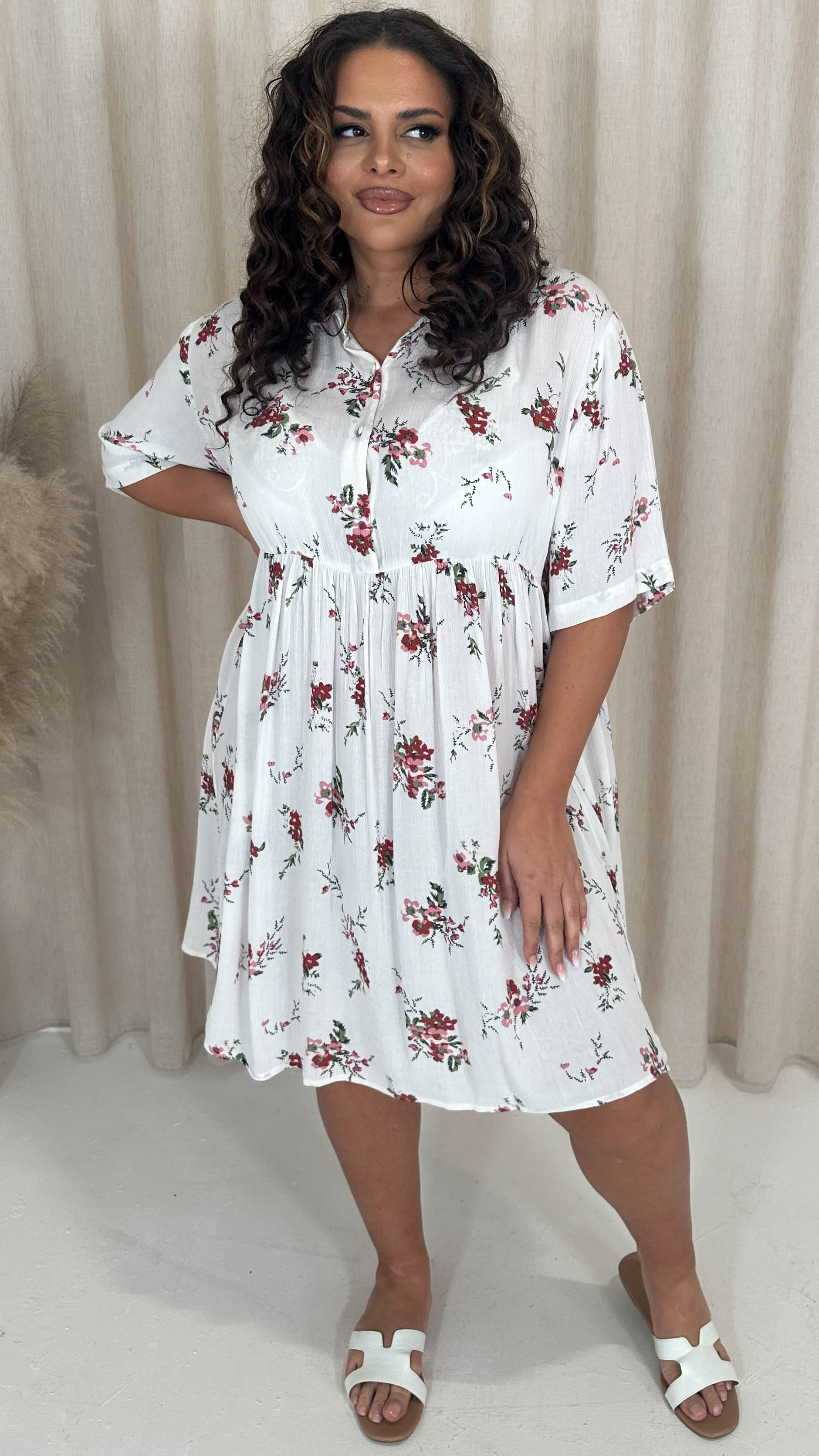 CurveWow Printed Drop Waist Shirt Dress White Curvewow CurveWow Printed Drop Waist Shirt Dress White Curvewow